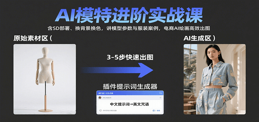AI模特进阶实战课：含SD部署、换背景换色，讲模型参数与服装案例，电商AI绘画高效出图-创盈坊